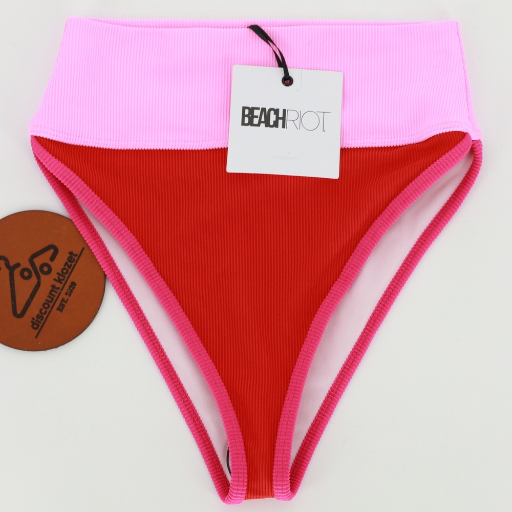 Beach Riot Emmy Bikini Bottom Pink Red Colorblock Ribbed High Waist Size XS NWT